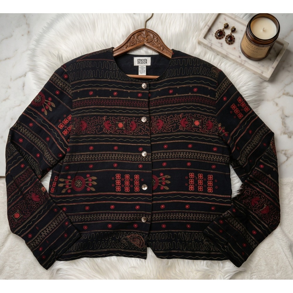 Chico's Design VTG 90's Black Red Patterned Jacket Blouse Size 1‎  100% Rayon